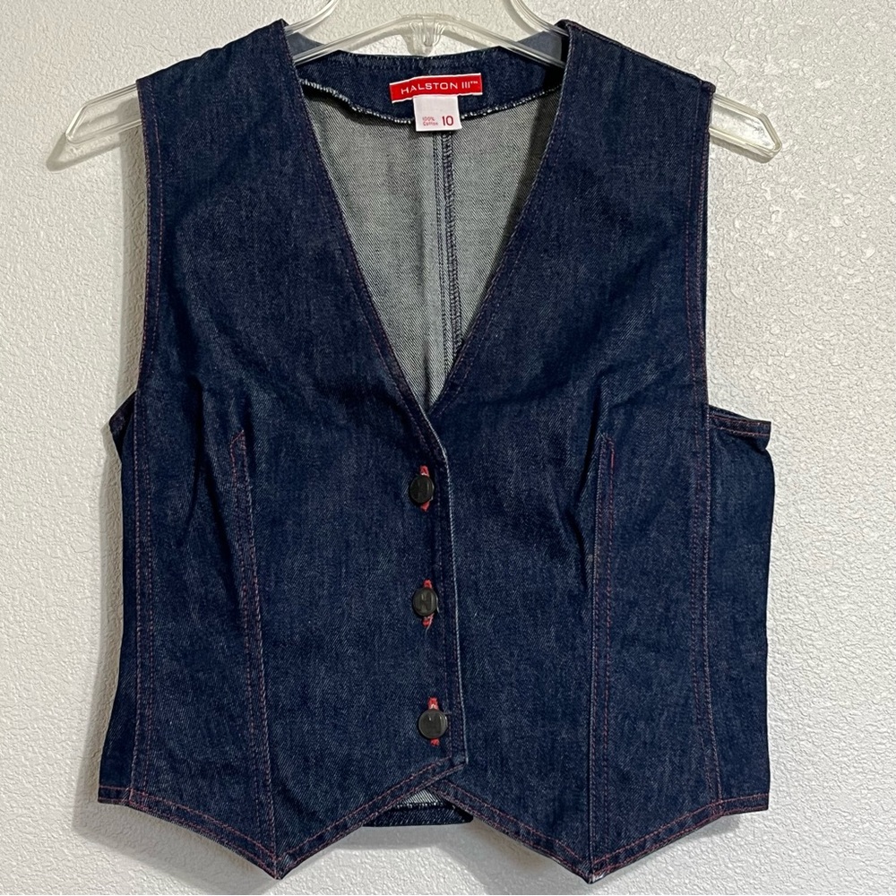 Halston Vintage Y2K Denim Blue Vest with Red Stitching Size 10